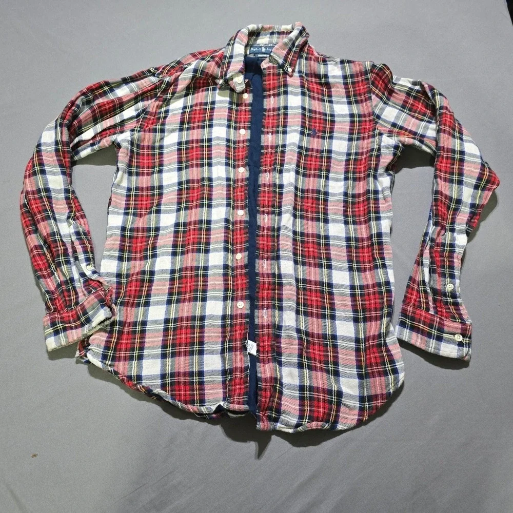 polo Ralph Lauren Plaid Button Down Mens Medium Red Navy Lined Custom Fit Shirt